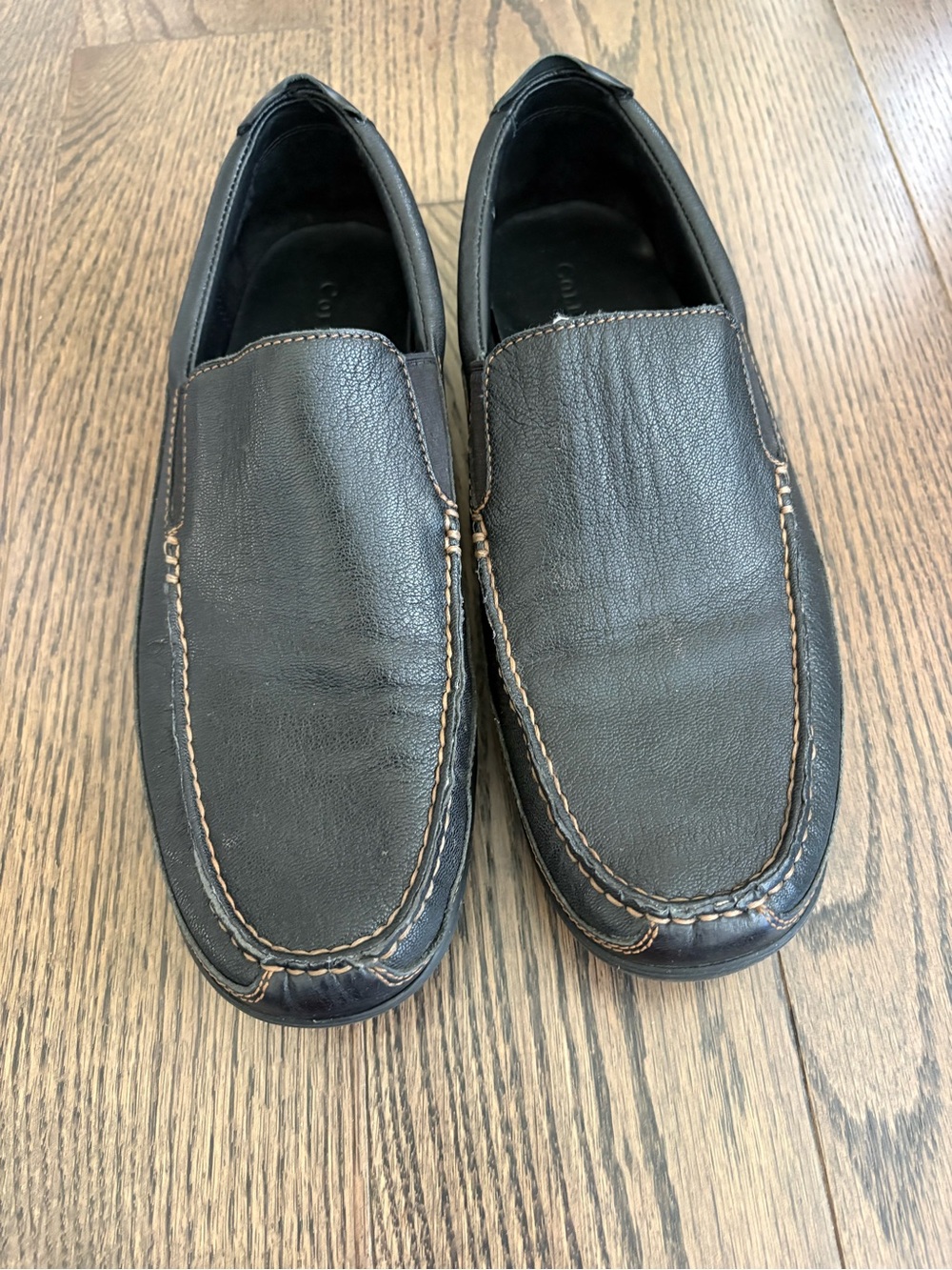 Cole Haan Black Leather Slip-On Loafers with Contrast Stitching
